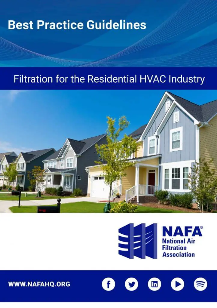 Cover page of a guide titled 'Best Practice Guidelines: Filtration for the Residential HVAC Industry' by the National Air Filtration Association, featuring a neighborhood with modern houses and green lawns.