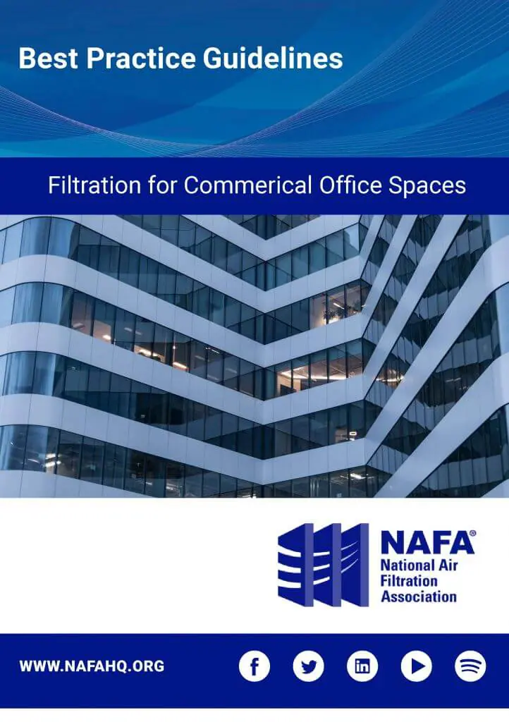 Cover page of a booklet titled "Best Practice Guidelines: Filtration for Commercial Office Spaces" by the National Air Filtration Association, featuring a modern office building with glass windows and a blue color scheme.