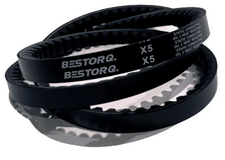 Two black rubber drive belts for a vehicle engine, labeled BESTORQ X5.