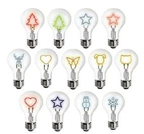 A collection of 12 light bulbs with colorful designs inside, featuring various symbols such as a tree, star, heart, deer, angel wings, a dog face, a gift box, a heart with a star, a baby bottle, a snowflake, and others.