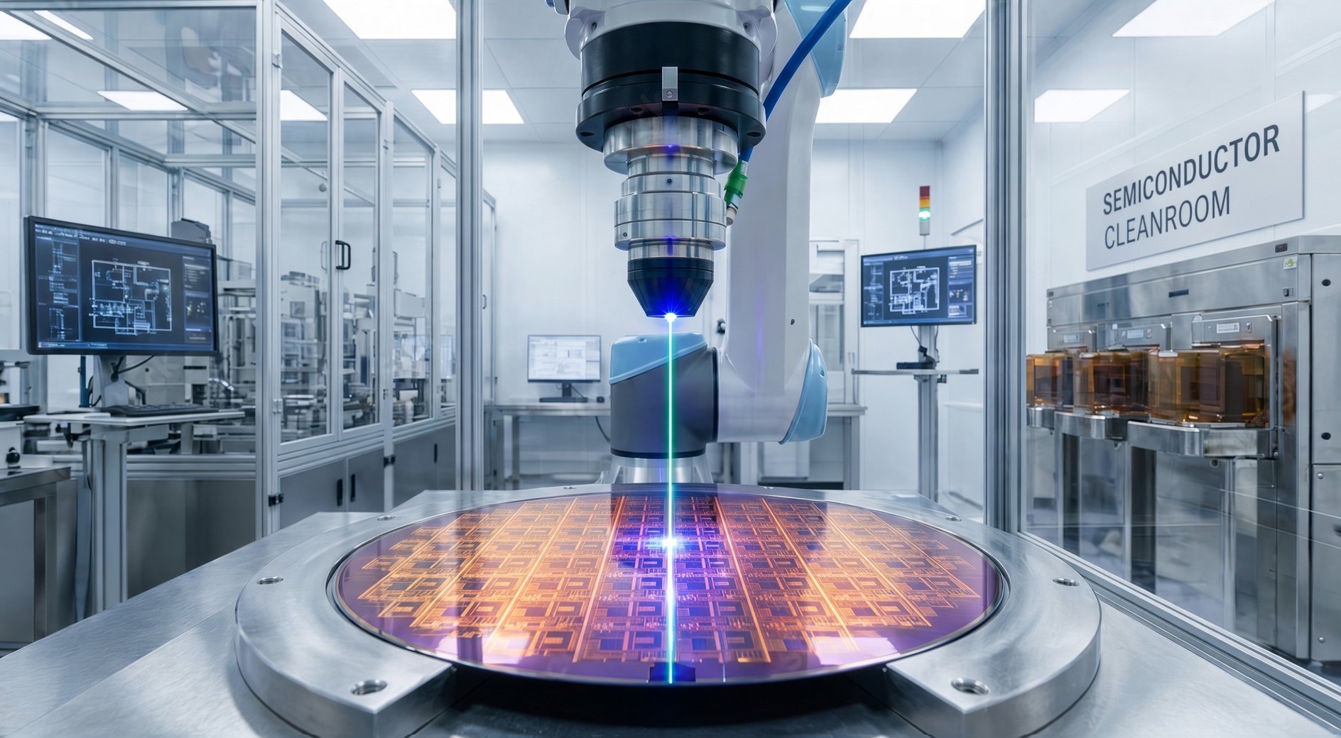 A robotic arm in a semiconductor cleanroom is processing a silicon wafer with visible circuitry. The cleanroom has computer monitors and equipment for semiconductor manufacturing.