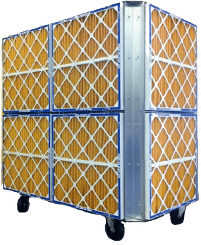 Large industrial air filter unit with a metal frame and multiple filter panels.