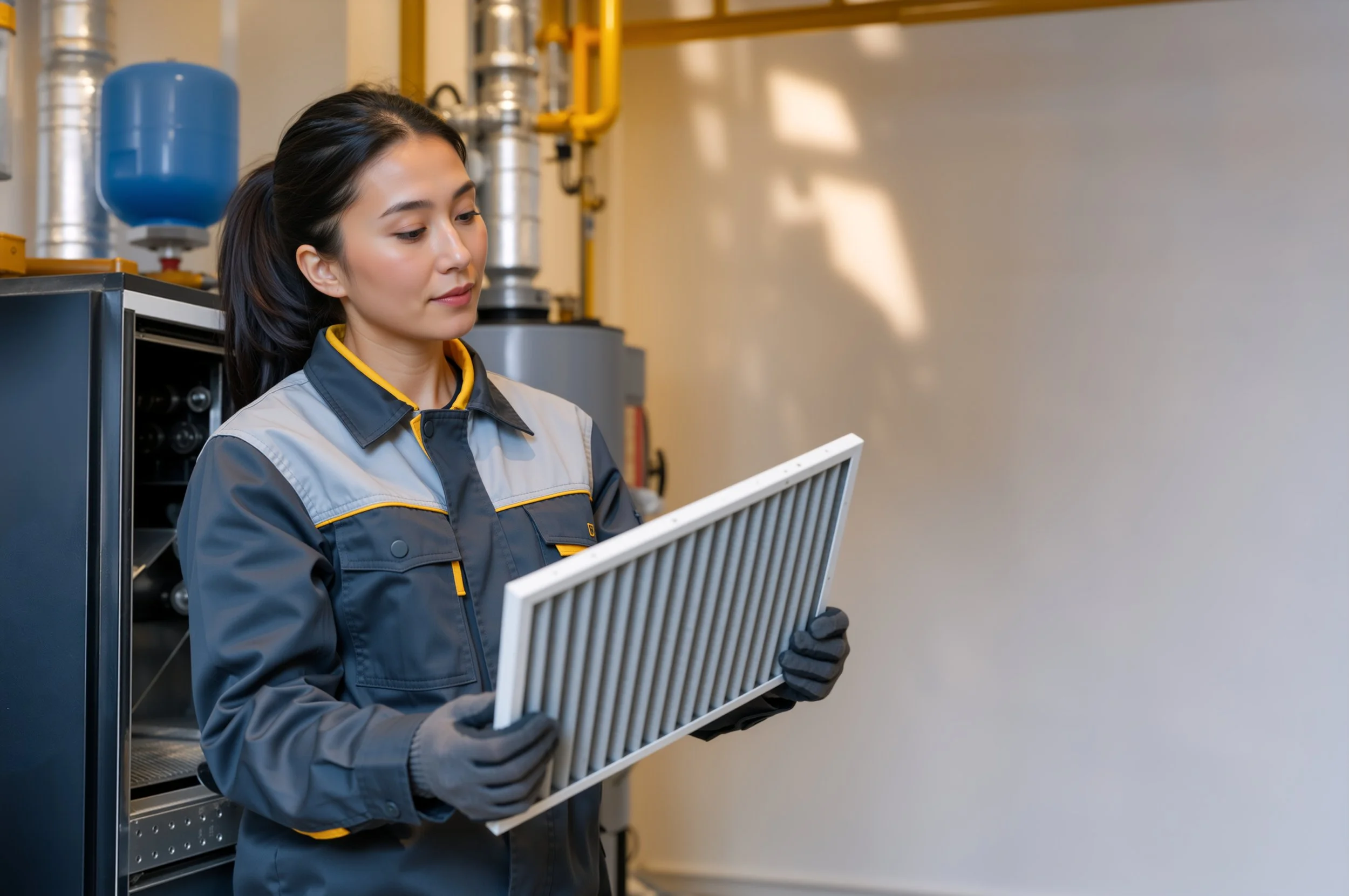 A woman in work uniform standing indoors, examining an air filter.