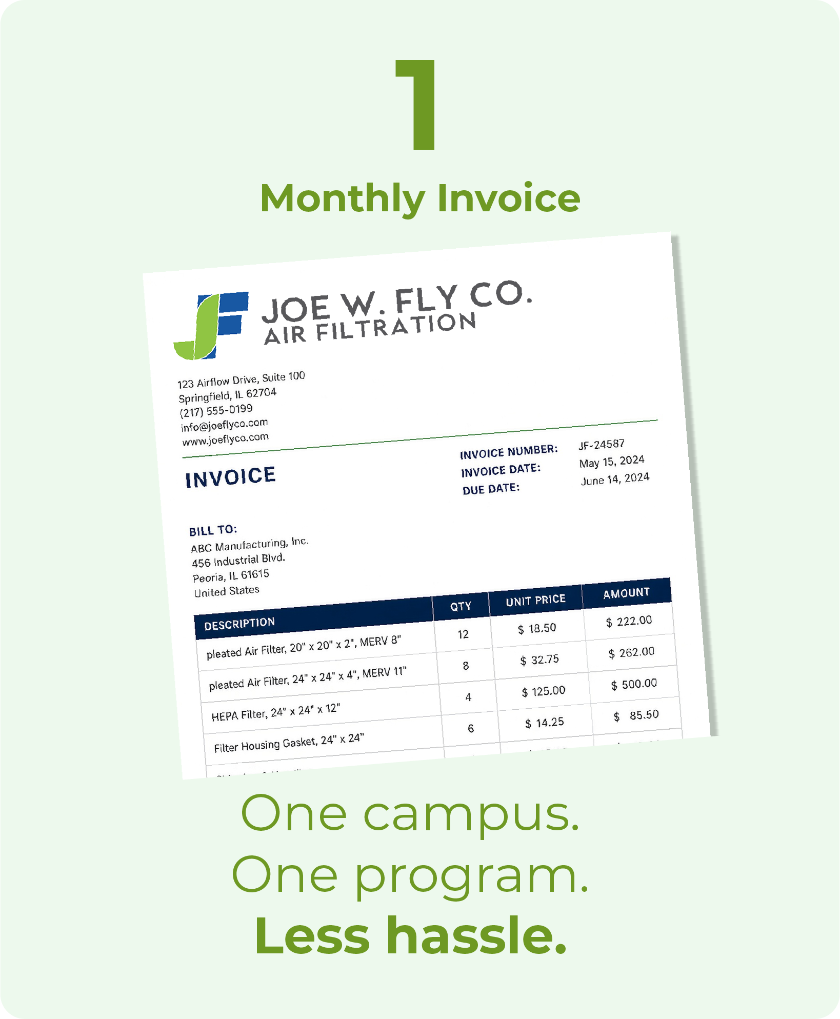Part of an advertisement showing an invoice for air filtration products, with a light green background and the text "One campus. One program. Less hassle." in green.