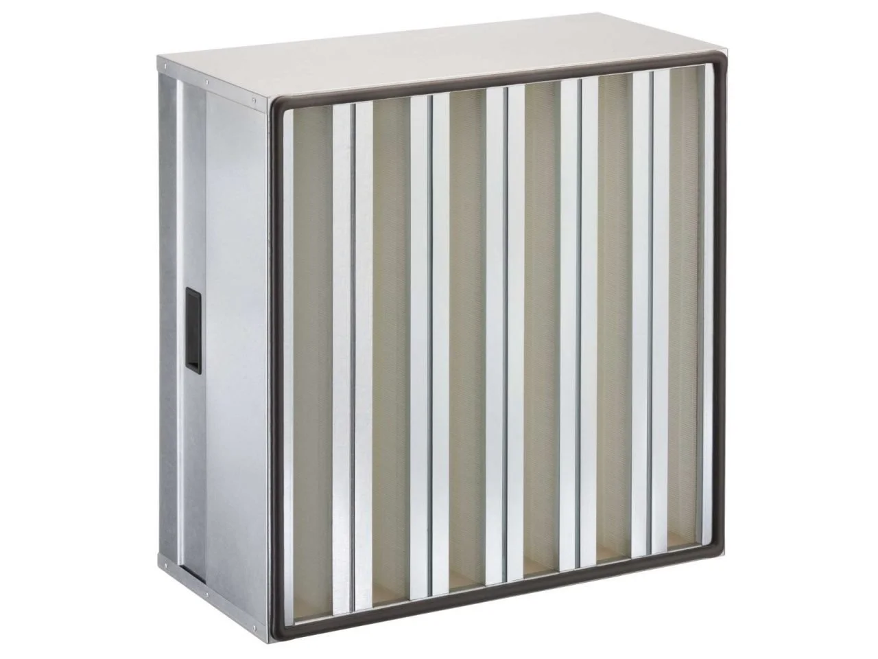 Metal air filter with a black handle on the side and beige filtering material inside a metal frame.