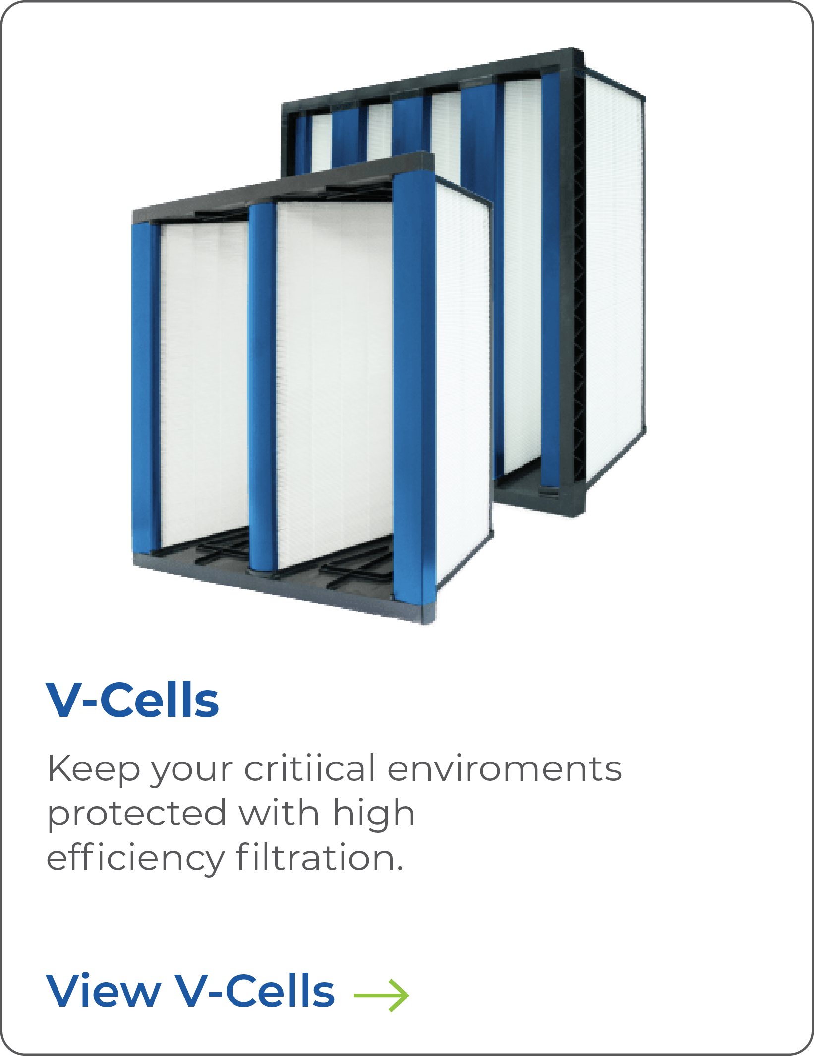 A close-up of a high-efficiency air filtration unit labeled V-Cells, featuring a modern design with blue and white elements, positioned at an angle against a white background.