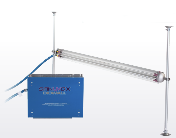 Sanuvox Biowall UV sterilization device with blue control box and metallic UV tubes fixed between vertical supports.