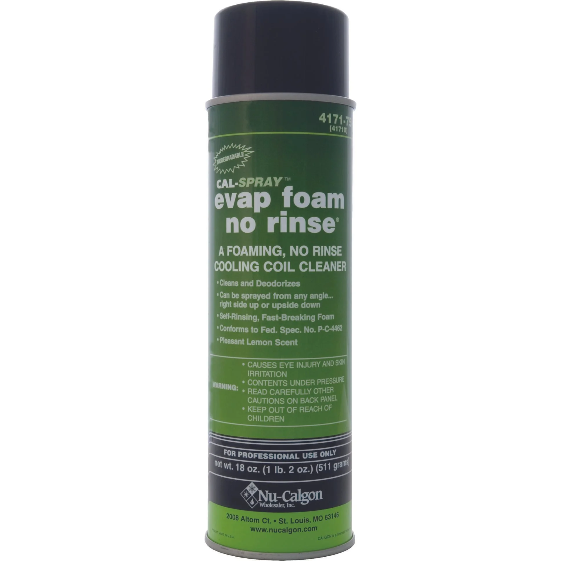 A green and black aerosol canister labeled 'CAL-SPRAY evapor foam no rinse' with additional product details and warnings printed on it.