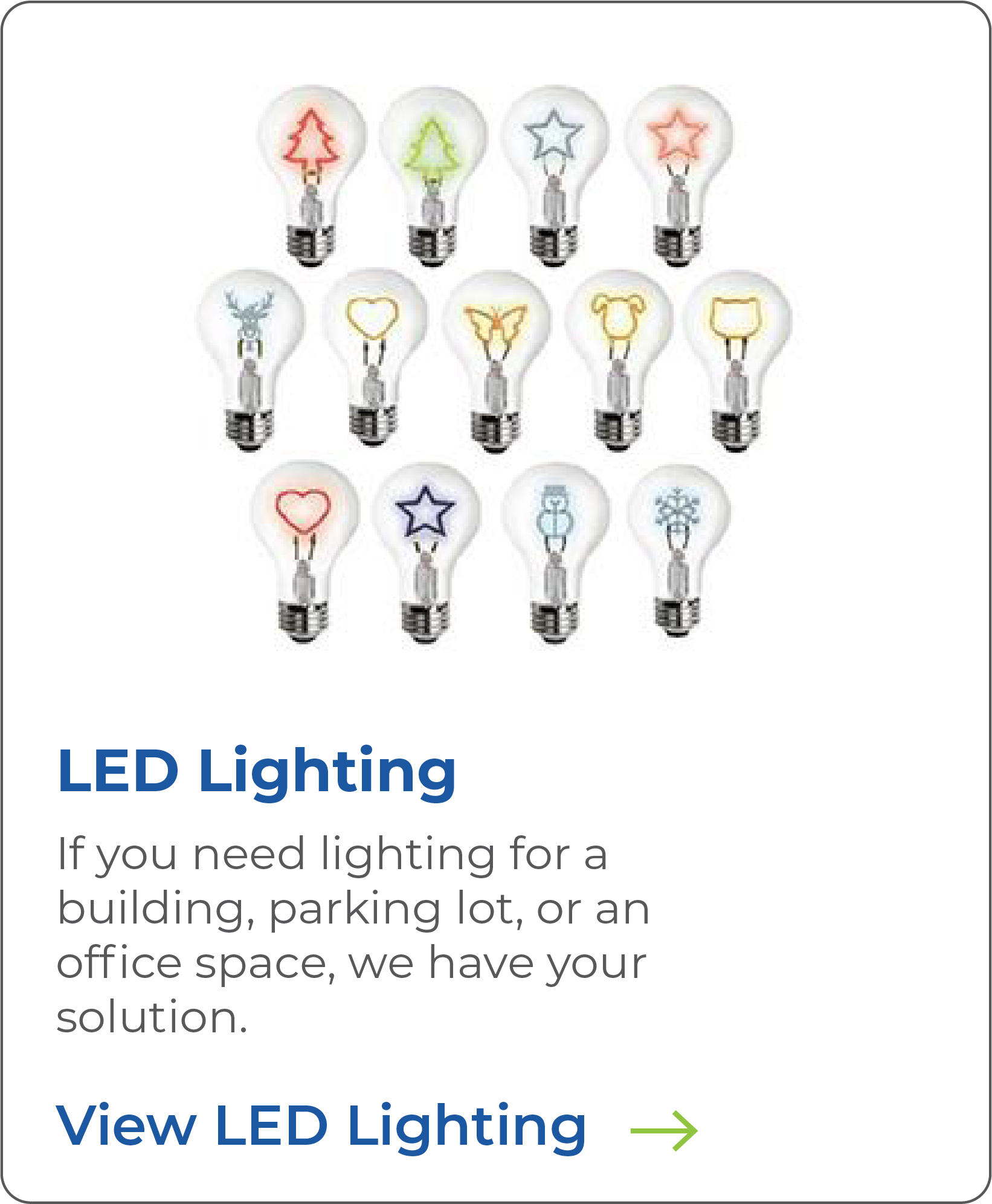 Collection of decorative LED light bulbs with various shapes including stars, hearts, animals, and holiday themes, displayed in a grid pattern.