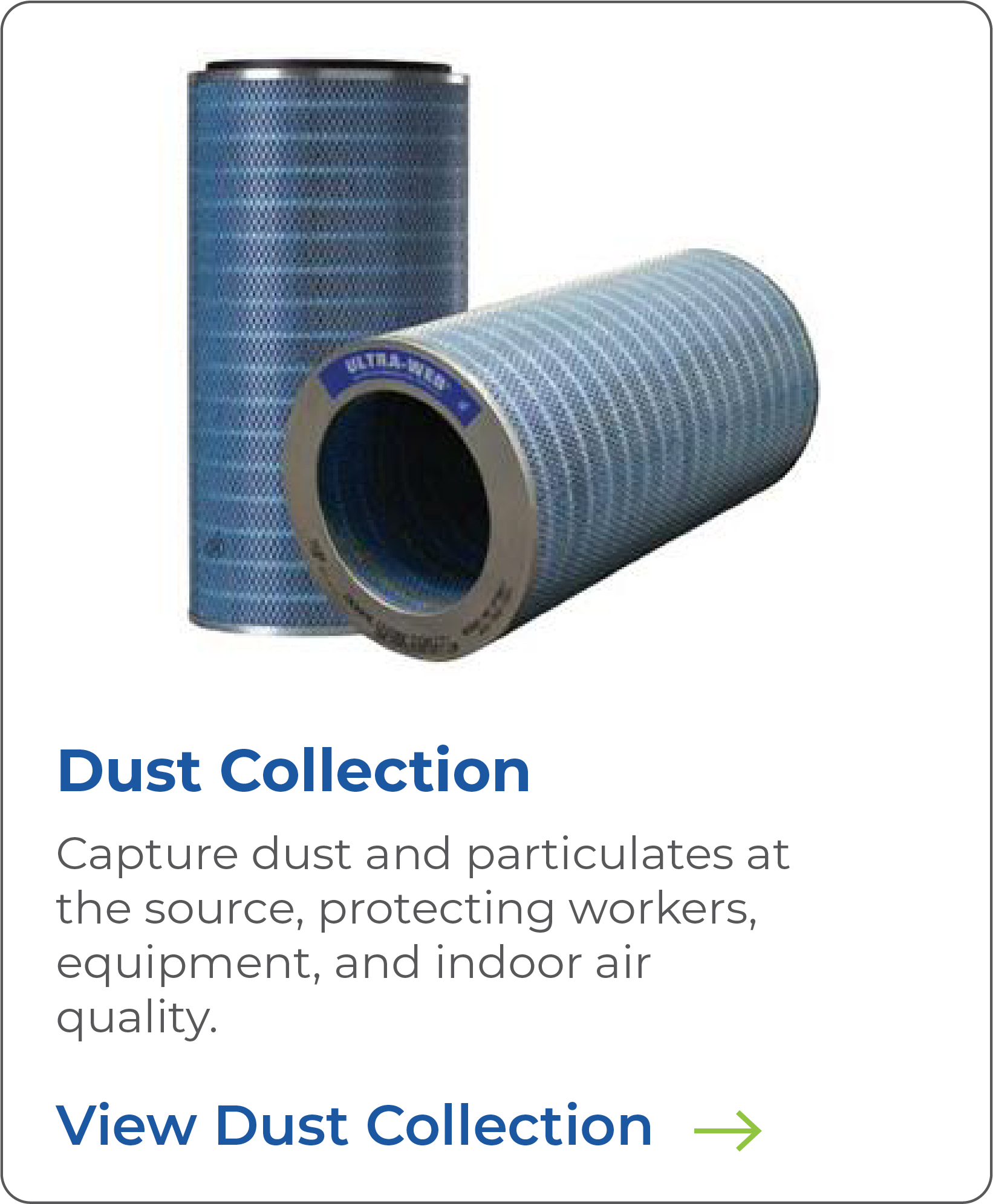 Two cylindrical air filters with blue mesh exterior, one standing upright and one lying on its side, with a black interior visible.