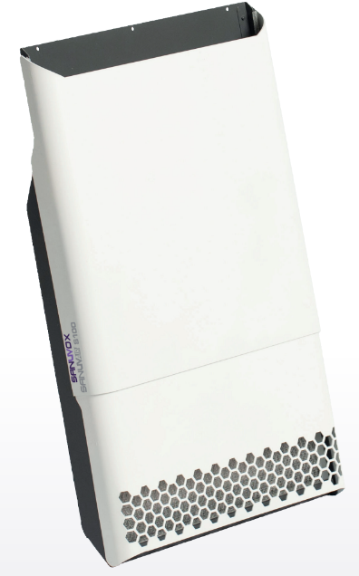 A white metal electronic device with a perforated bottom section and a black top edge, likely a server or electronic equipment enclosure.