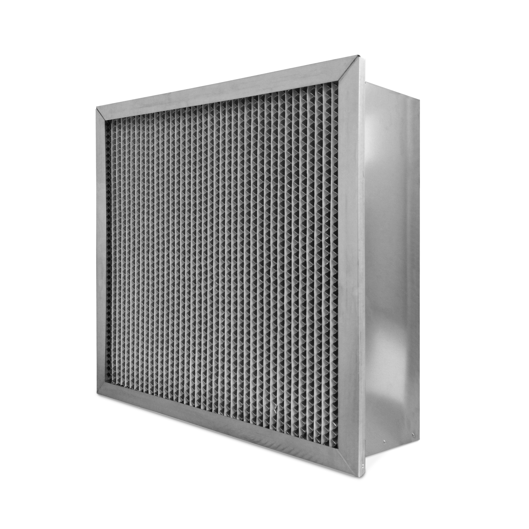 A gray, rectangular air filter with a grid-like pattern of thin, angled fins.
