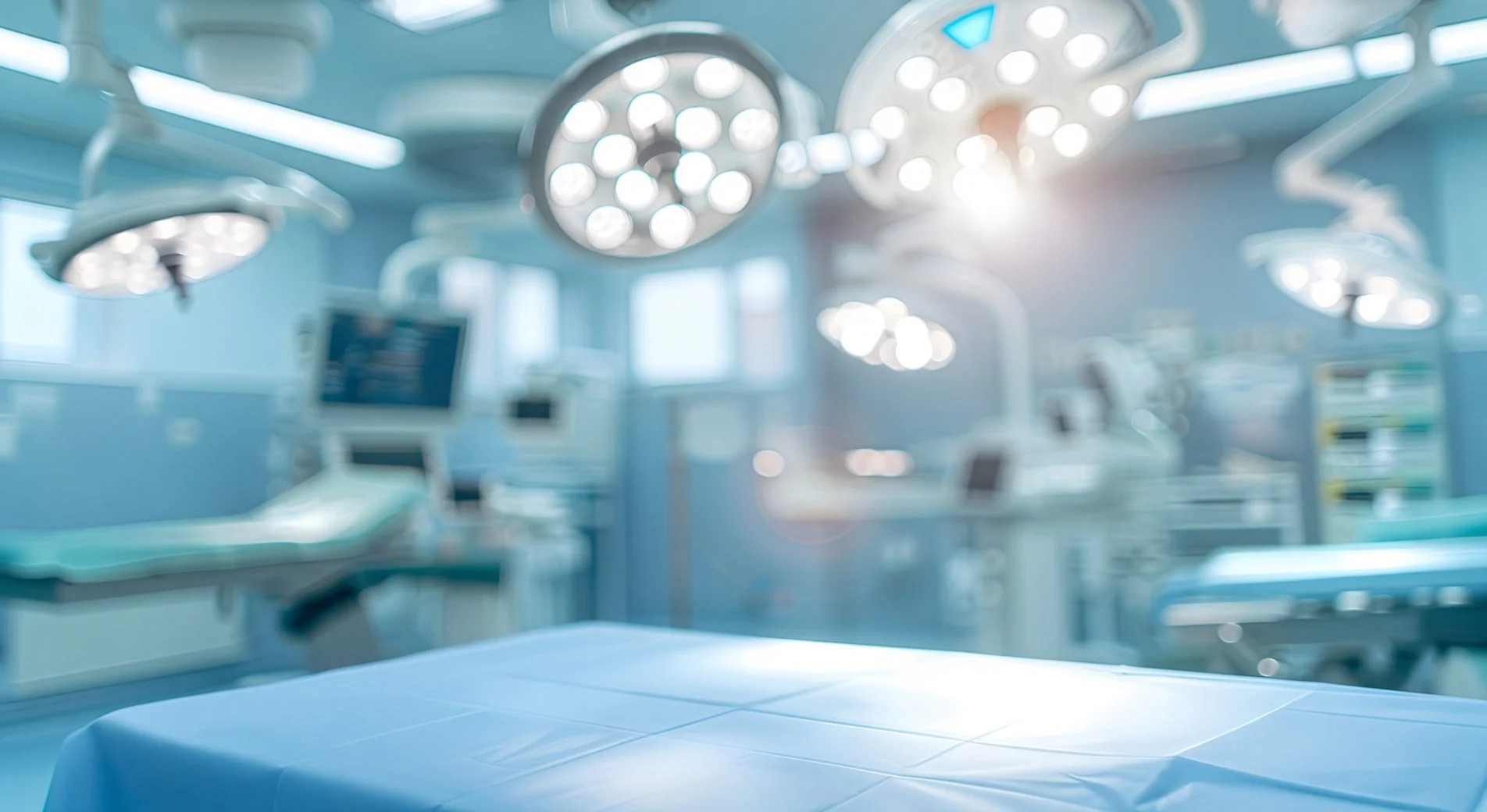 Blurred view of an operating room with surgical lights, medical monitors, and equipment.