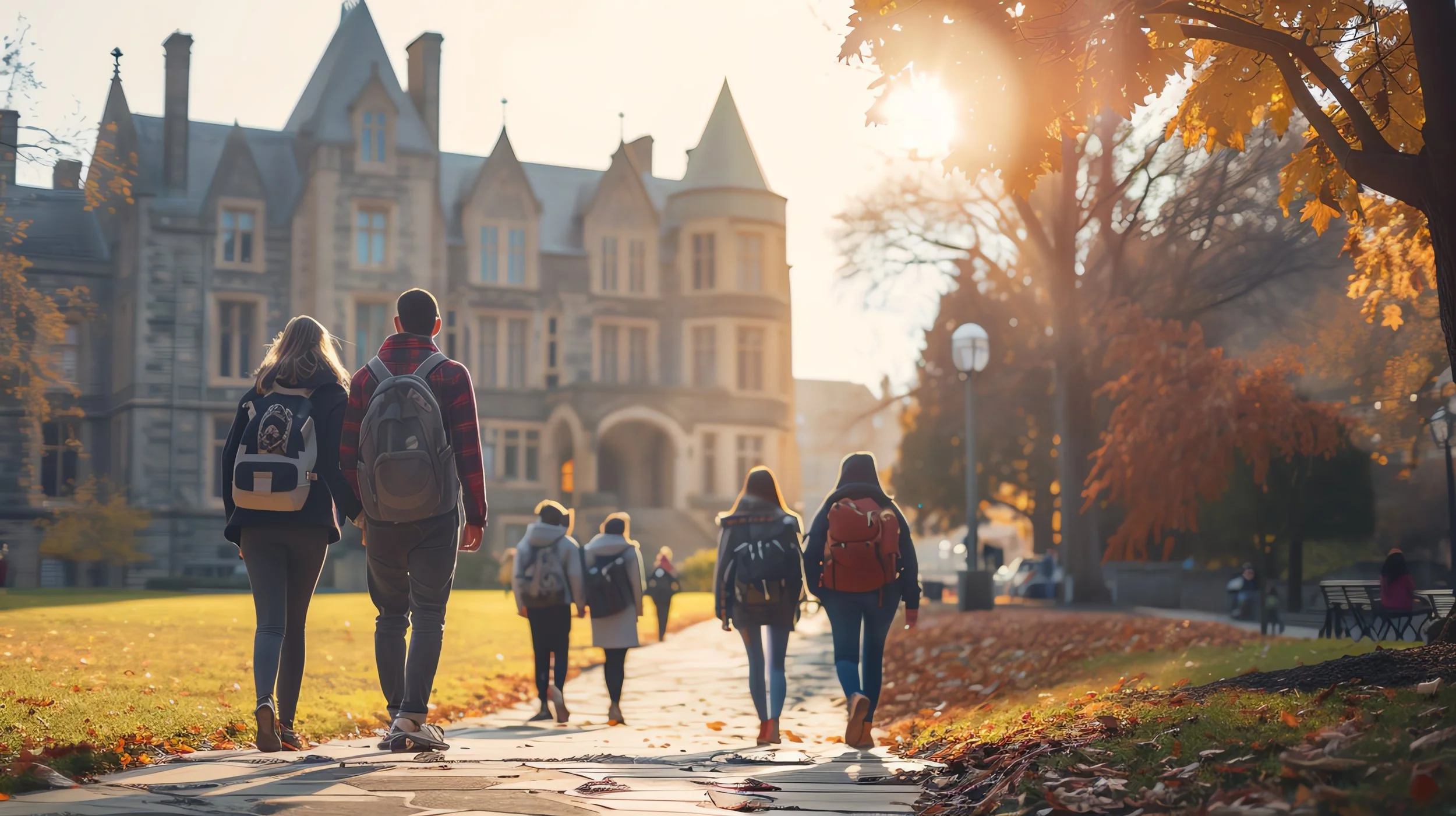 Group of students walking on campus sidewalk in autumn, with large historic building and trees with orange leaves in the background, and the sun shining through the trees.