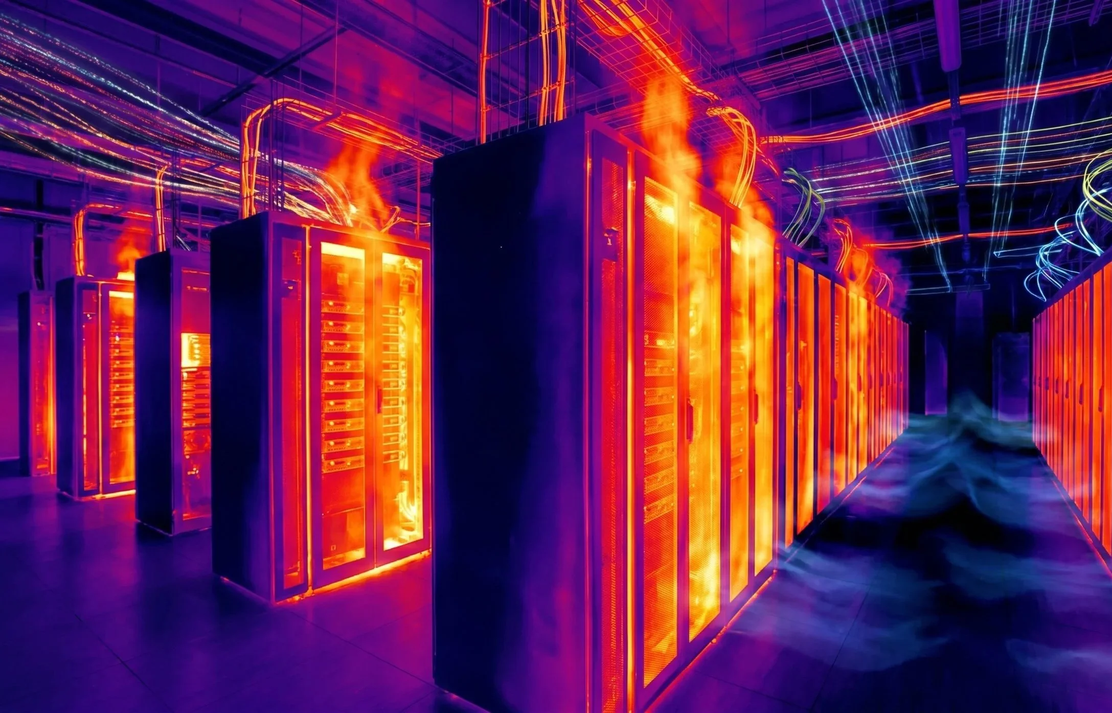 A row of computer servers inside a data center, illuminated by vivid red, orange, purple, and blue neon lights.