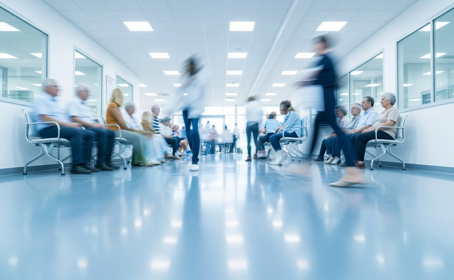 Waiting room in a medical facility with patients sitting on chairs, some standing or walking, in a well-lit corridor with white walls and large windows.
