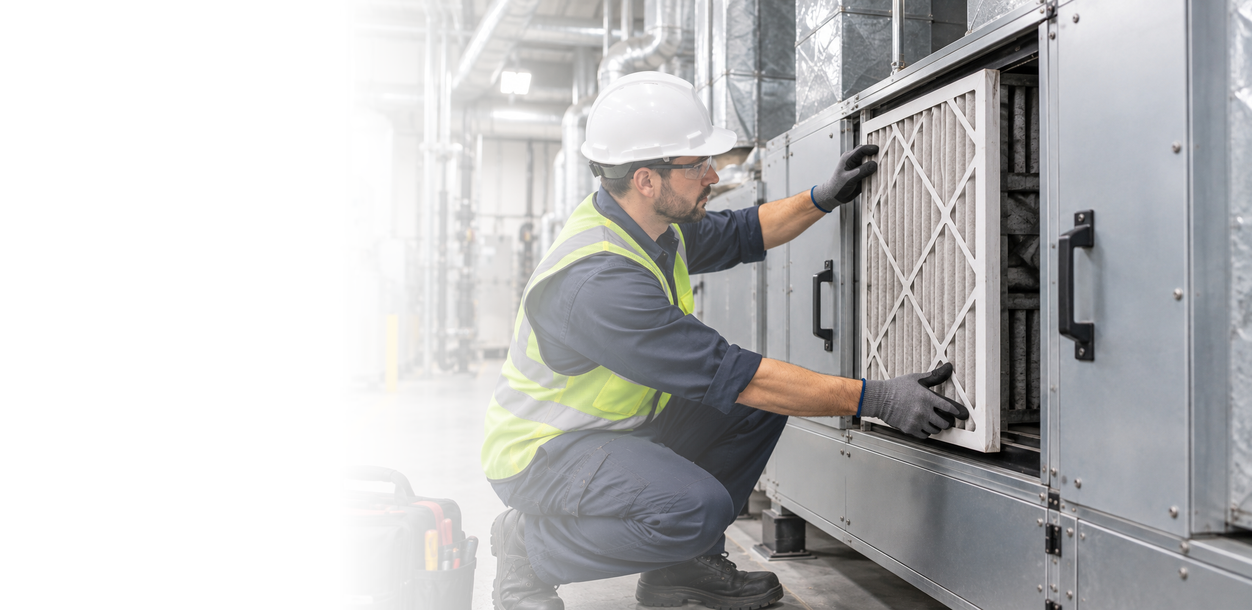 A technician in safety gear inspecting an industrial HVAC system's air filter.