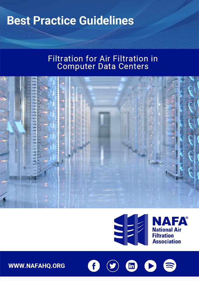 Cover page of a guide titled 'Best Practice Guidelines: Filtration for Air Filtration in Computer Data Centers' by NAFA, showing a row of server racks in a data center.