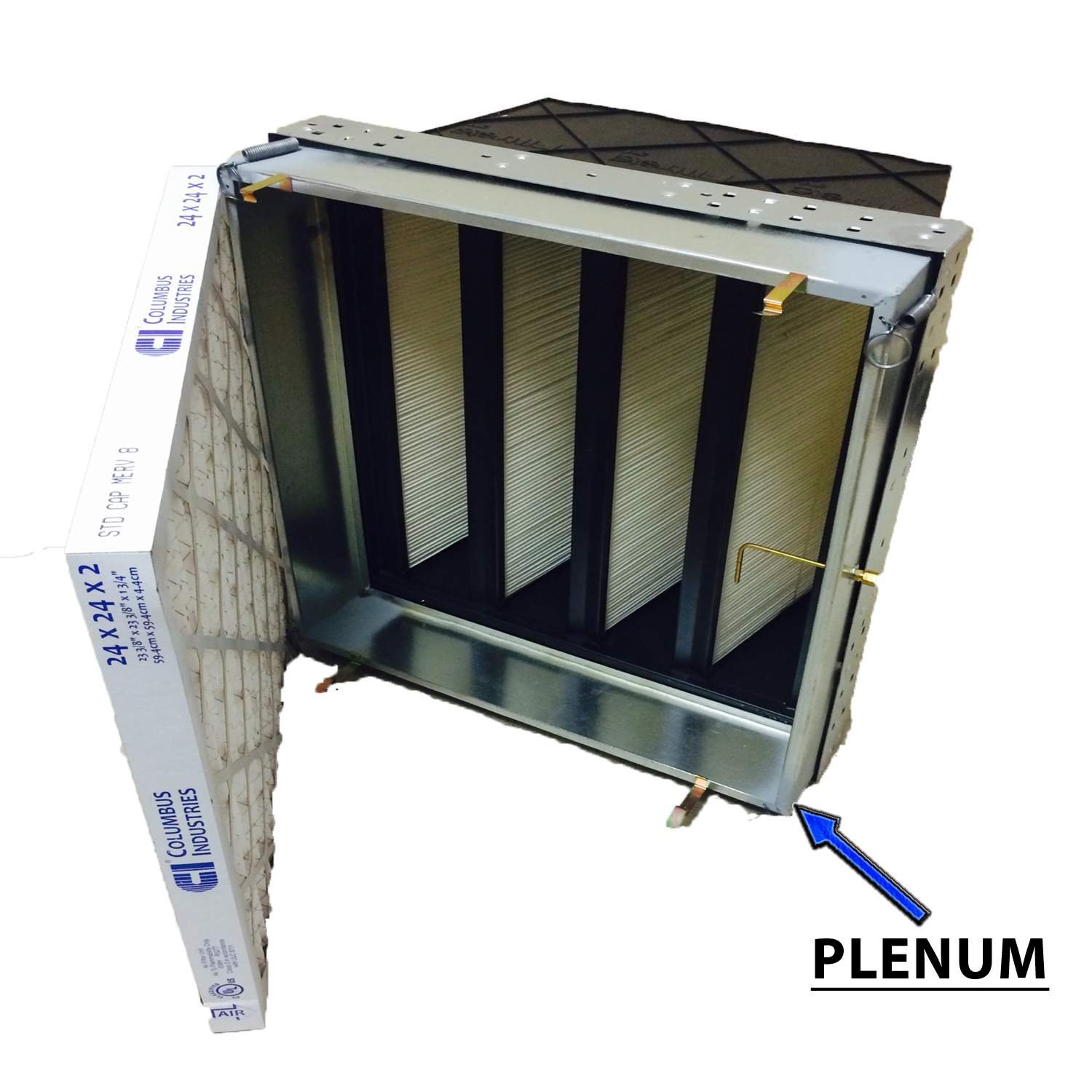 A metal plenium with large filters inside it, placed at an angle on a white background. A blue arrow points to the bottom right corner, labeled 'PLENUM'.