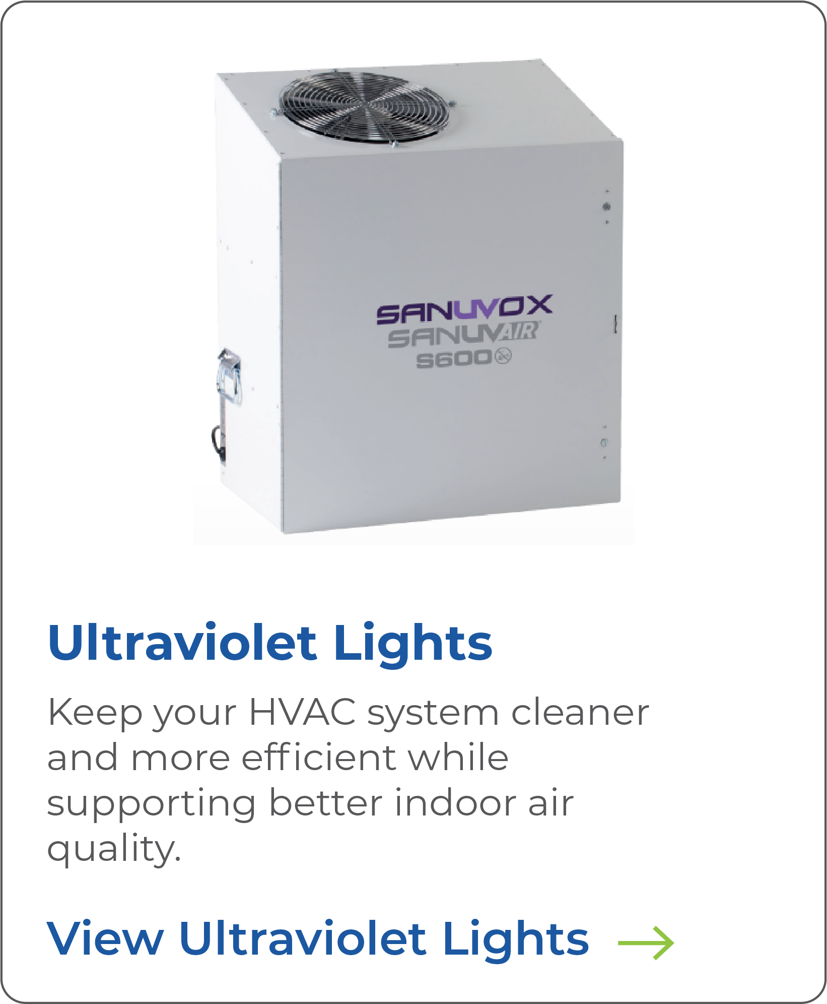 A white rectangular HVAC UV light sanitizer unit labeled 'Sanuvox SanuAir S600' with a circular vent on top, positioned on a white background.