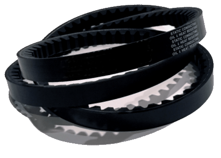 Two black automotive timing belts stacked on top of each other.