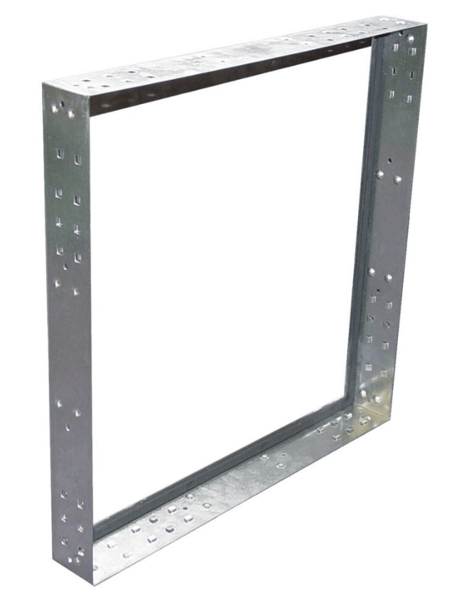 Metal frame or bracket with multiple holes for screws or bolts.