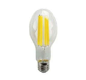 A clear LED light bulb with yellow filaments inside.