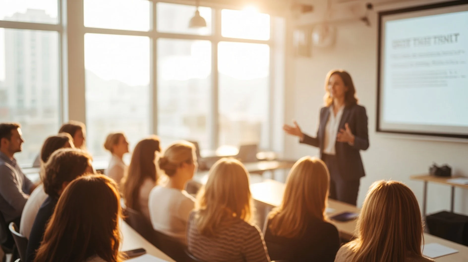 A woman giving a presentation to a group of people in a bright conference room with large windows.
