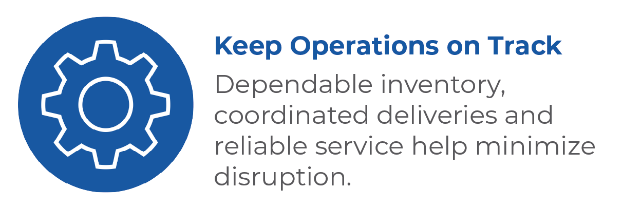 Icon of a gear in a blue circle with the text 'Keep Operations on Track' and a description about reliable inventory, coordinated deliveries, and service to minimize disruption.