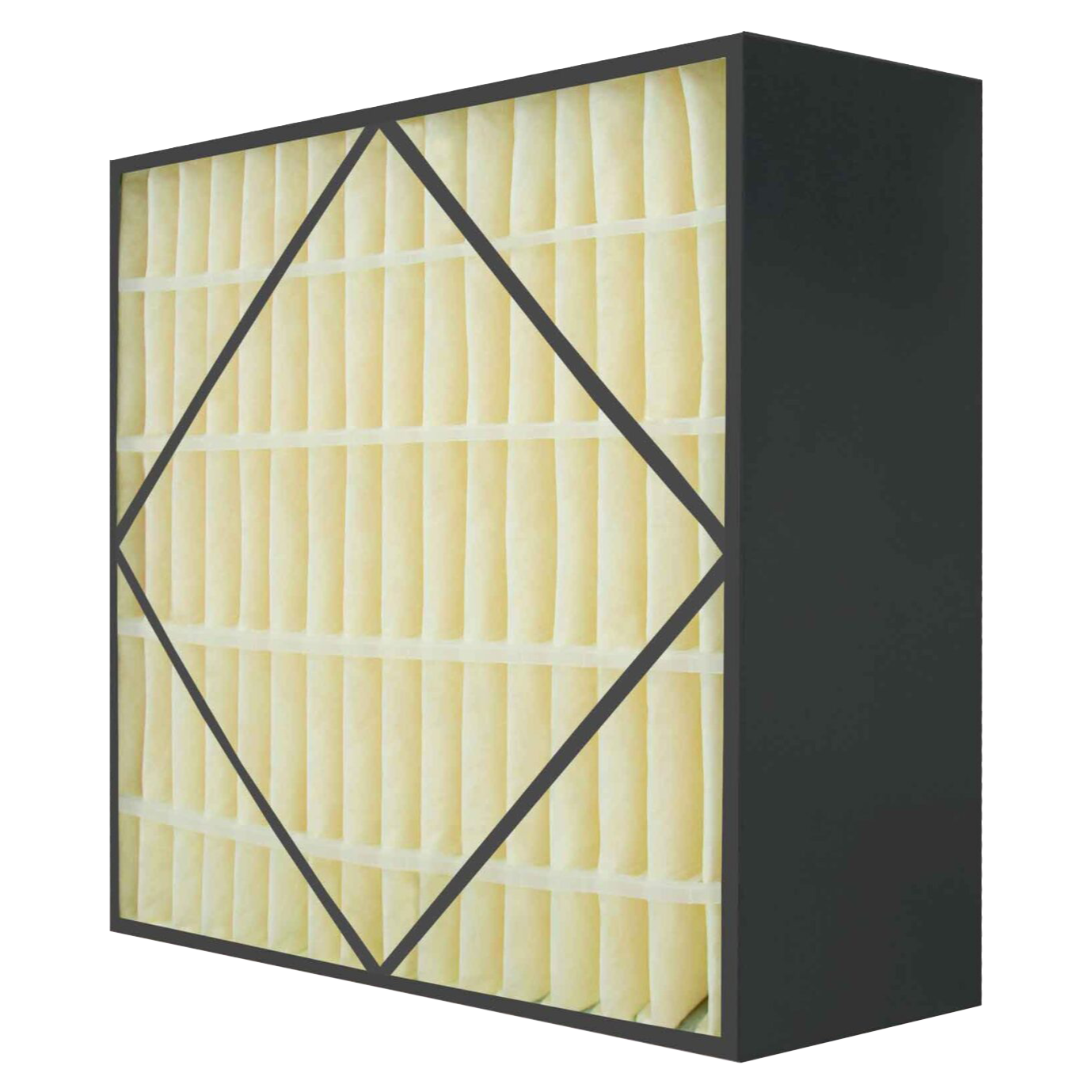 A rectangular air filter with a black frame and pleated yellow filter material.