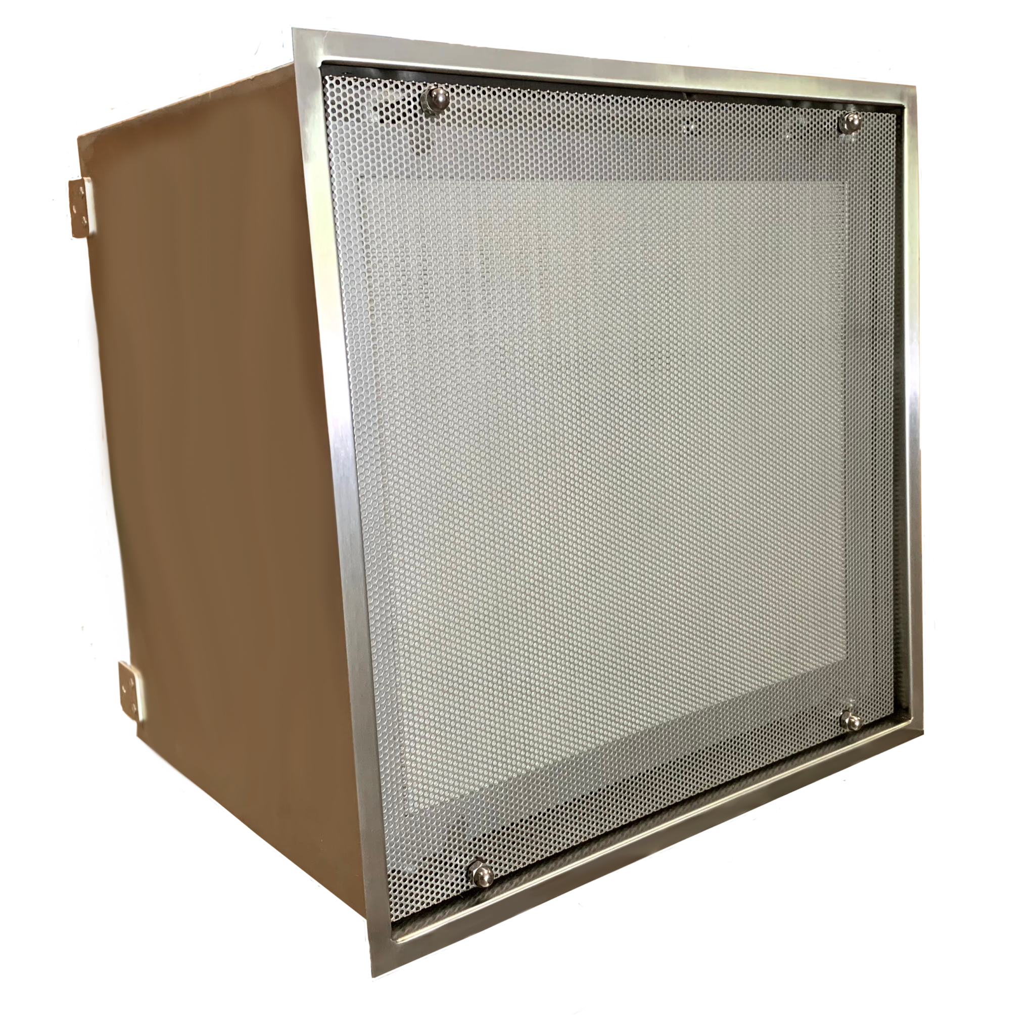 Stainless steel vent cover with perforated metal grille and four bolts, mounted on a beige wall.