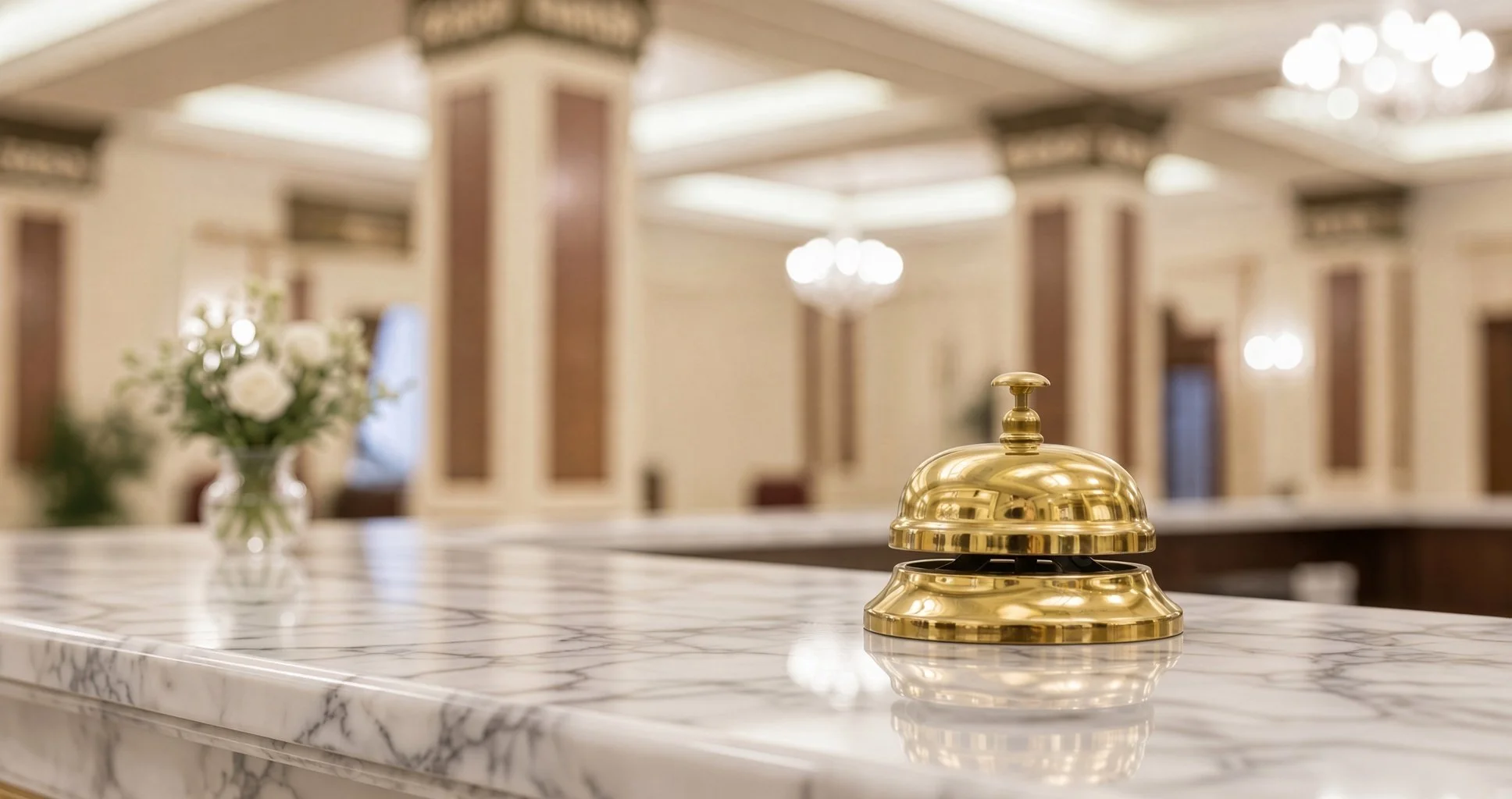 Close-up of a shiny gold service bell on a marble countertop in a luxurious hotel lobby with floral arrangements and elegant lighting in the background.