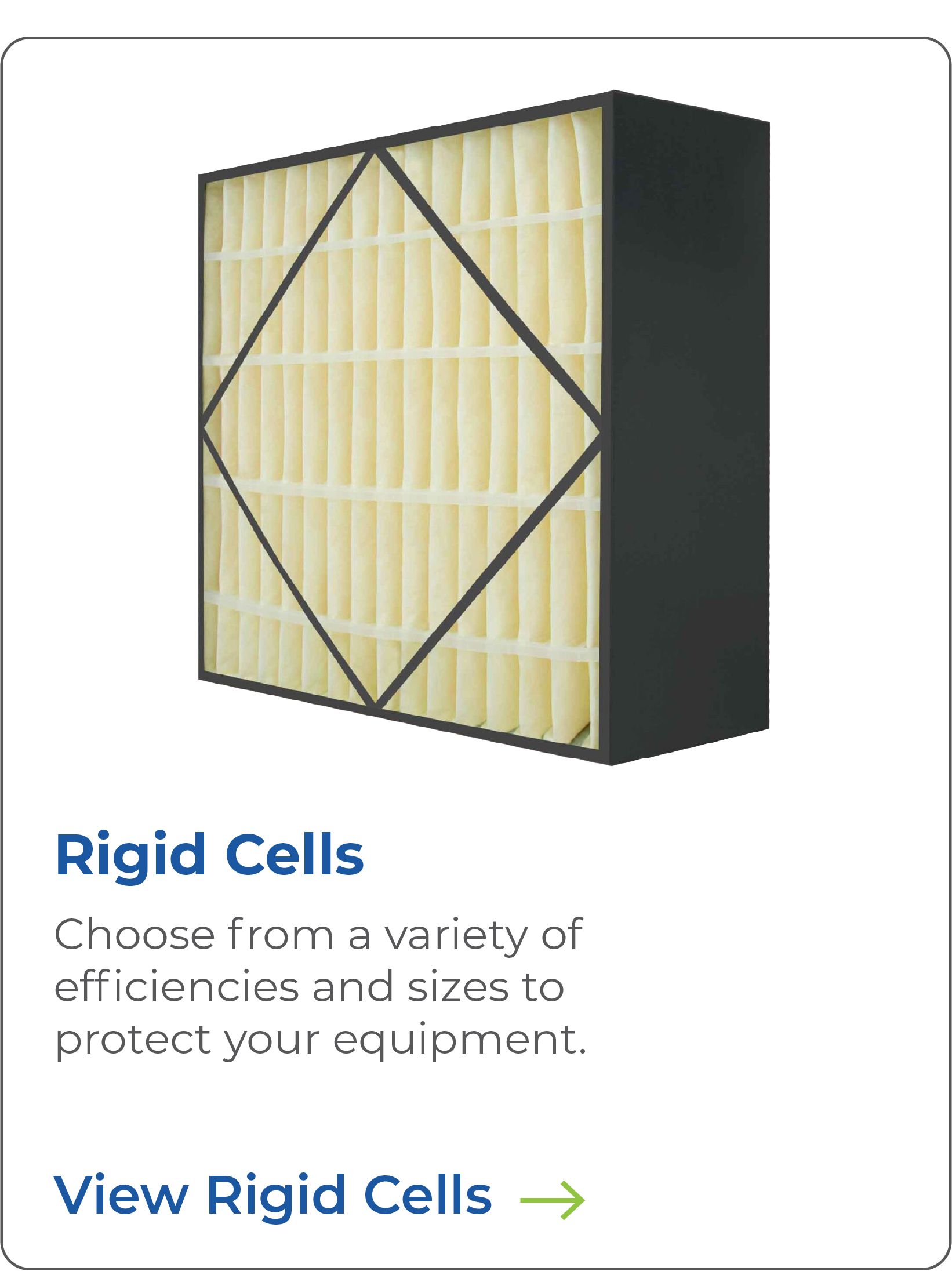 Illustration of a box with a yellow pleated filter inside, labeled 'Rigid Cells', with a section of black side panel visible. Text below the image reads 'View Rigid Cells' with an arrow.