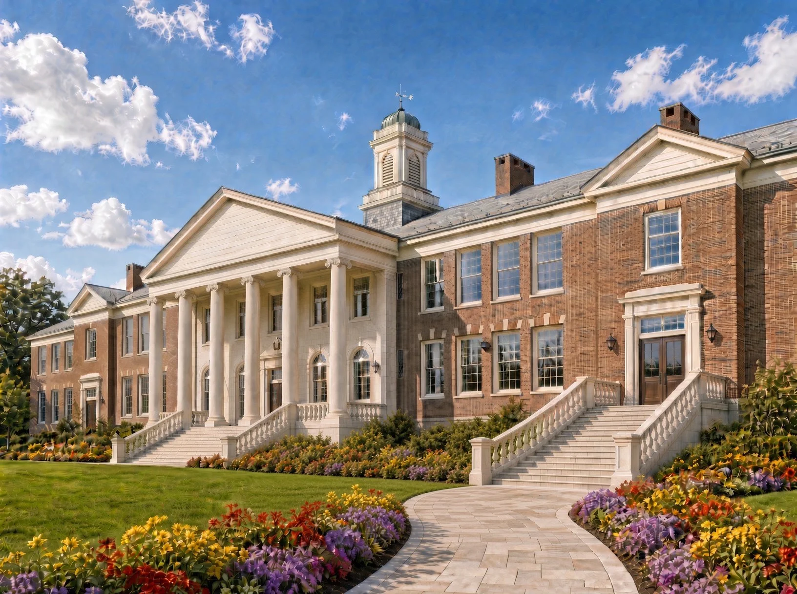 A large historic mansion with grand white columns, brick and stone exterior, multiple windows, and a central clock tower, surrounded by a colorful flower garden and a paved walkway.