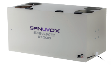 SanVox SanAir S1000 ultraviolet air purifier with three circular vents on top and a power cord on the bottom right.