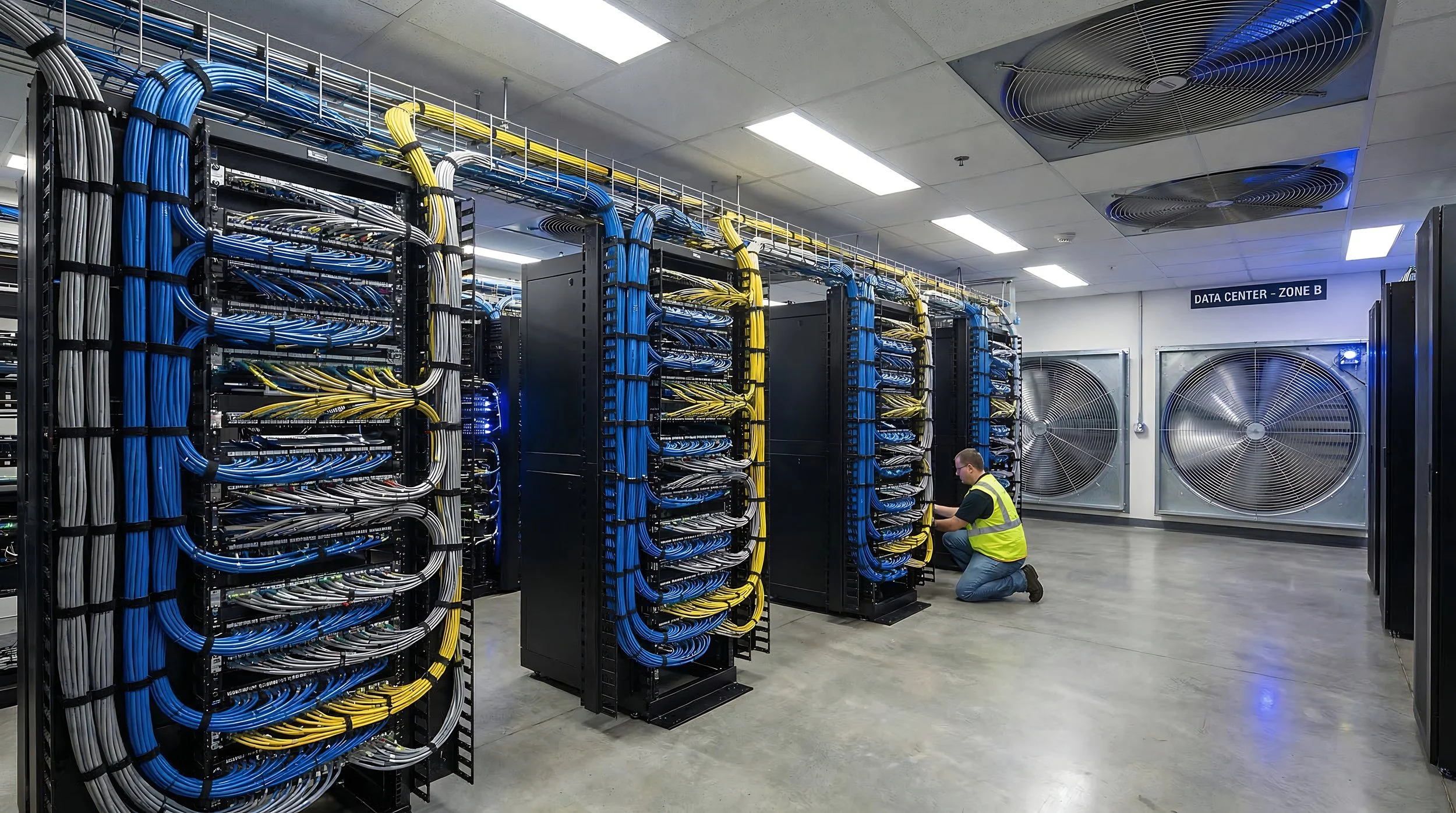Data center with multiple racks of blue, gray, and yellow cables, a technician kneeling and working on one of the racks, and large cooling fans on the wall. Sign reads 'Data Center - Zone B'.