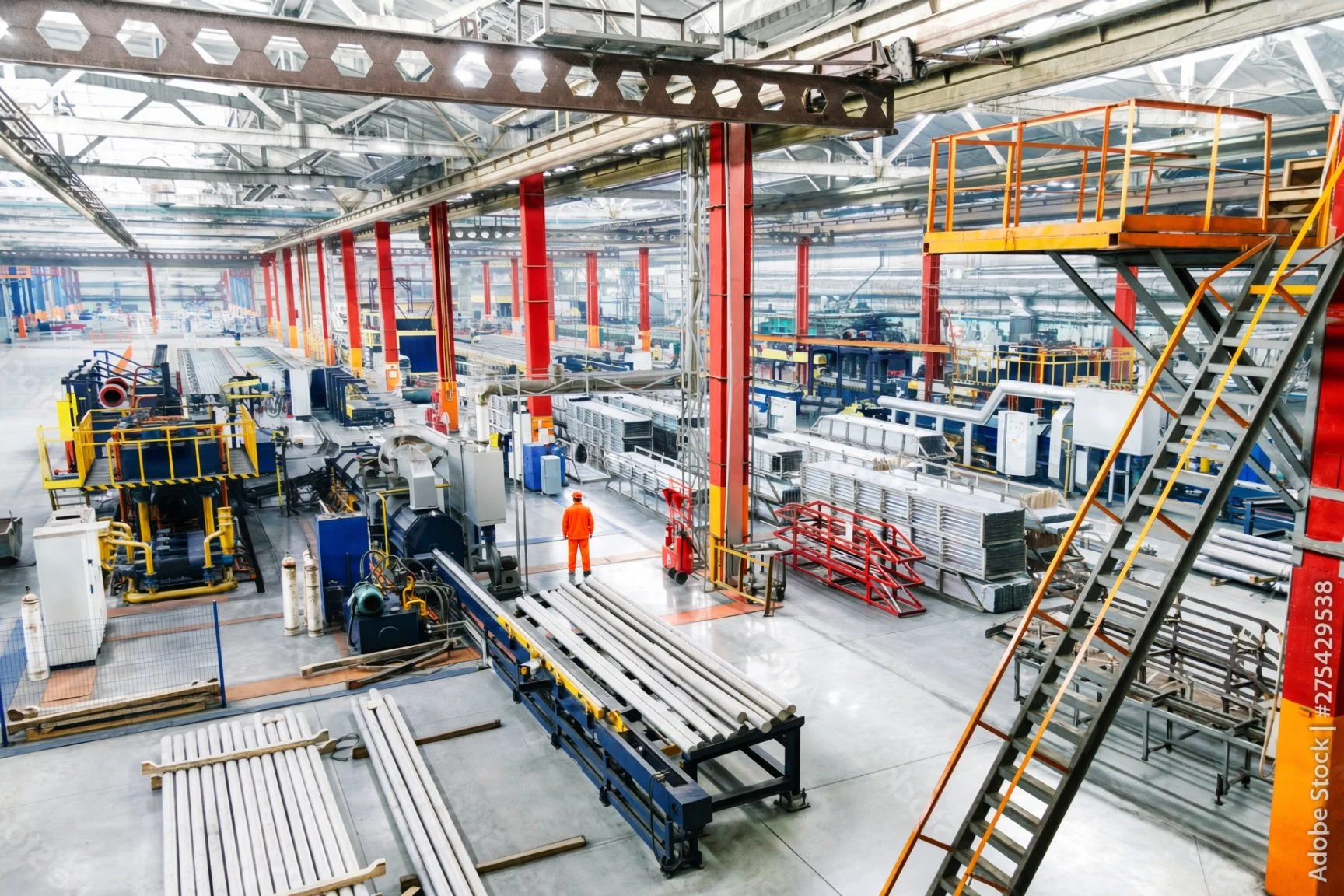 View of an industrial factory or warehouse with machinery, metal pipes, and a worker in orange safety clothing. Large metal structures and bright lighting are visible.
