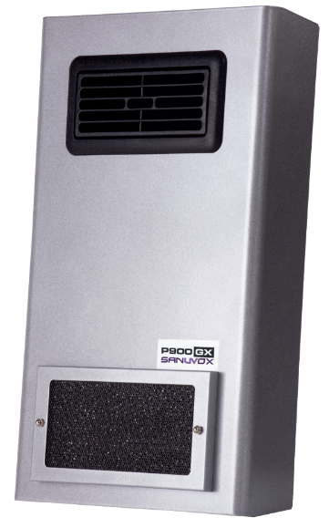 A wall-mounted electric space heater with an air vent at the top and control panel at the bottom.
