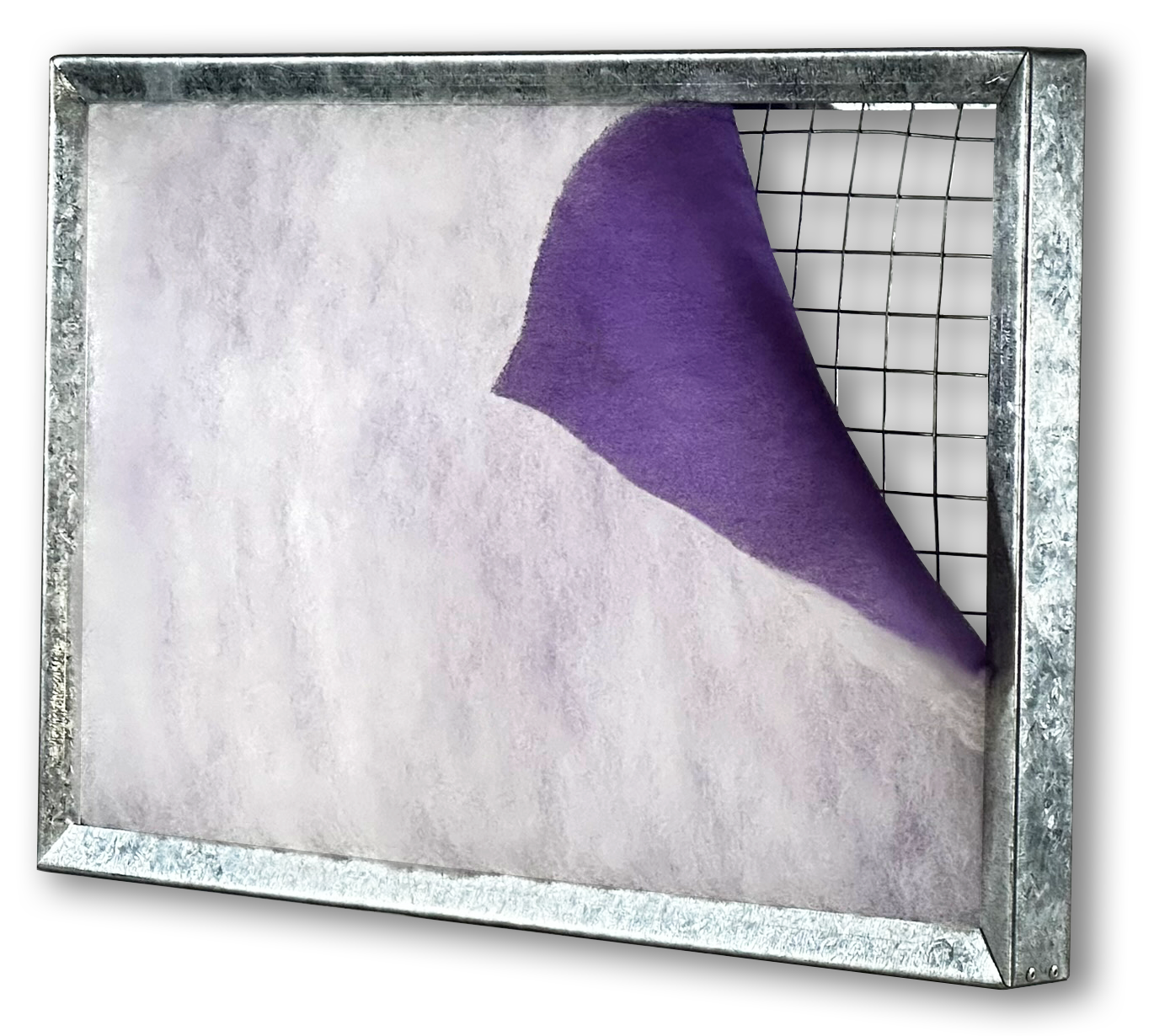 A galvanized steel TrueSeal frame  with a front of a white textured filter media and the back purple filter media partially peeled back to reveal a wire mesh grid behind it.