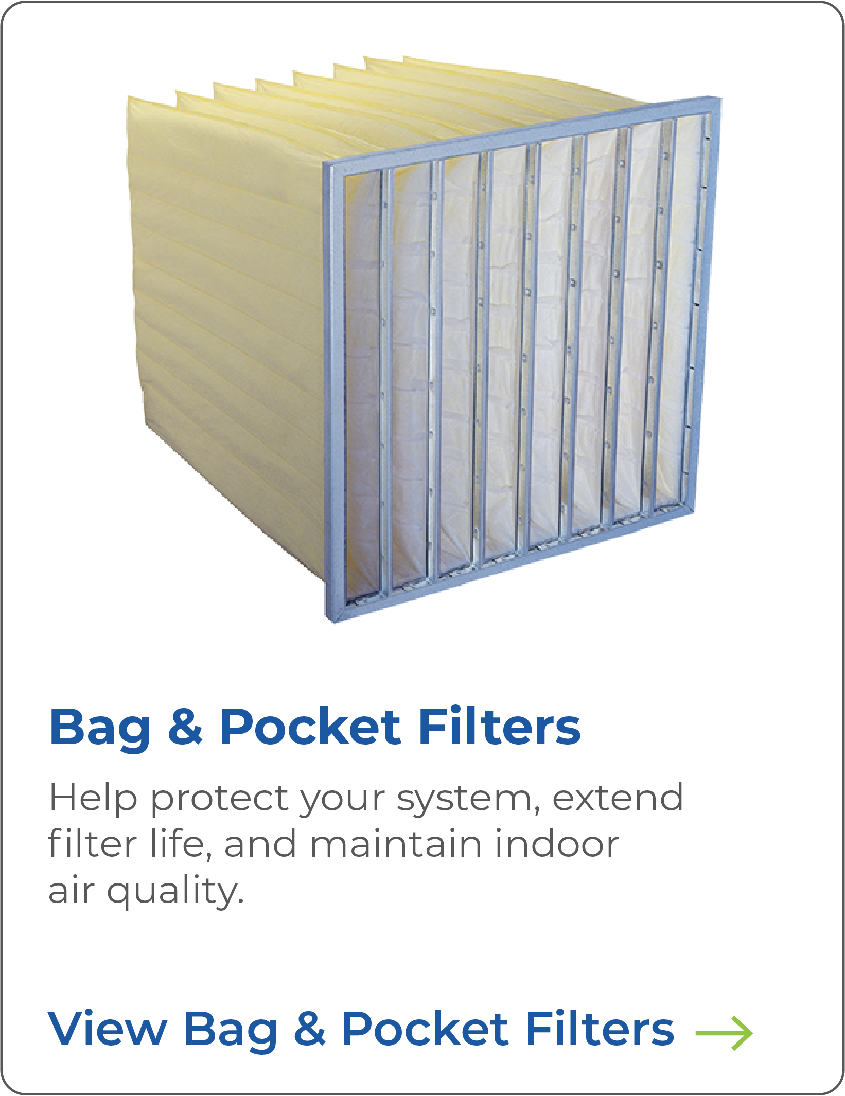 A box of bag and pocket filters with a view of the filters inside a metal frame, used for air filtration.
