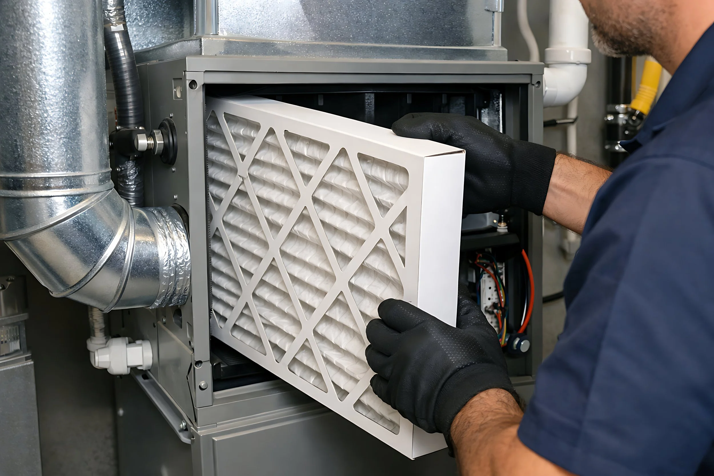 A technician installing or replacing a large air filter in an HVAC or air purification system.