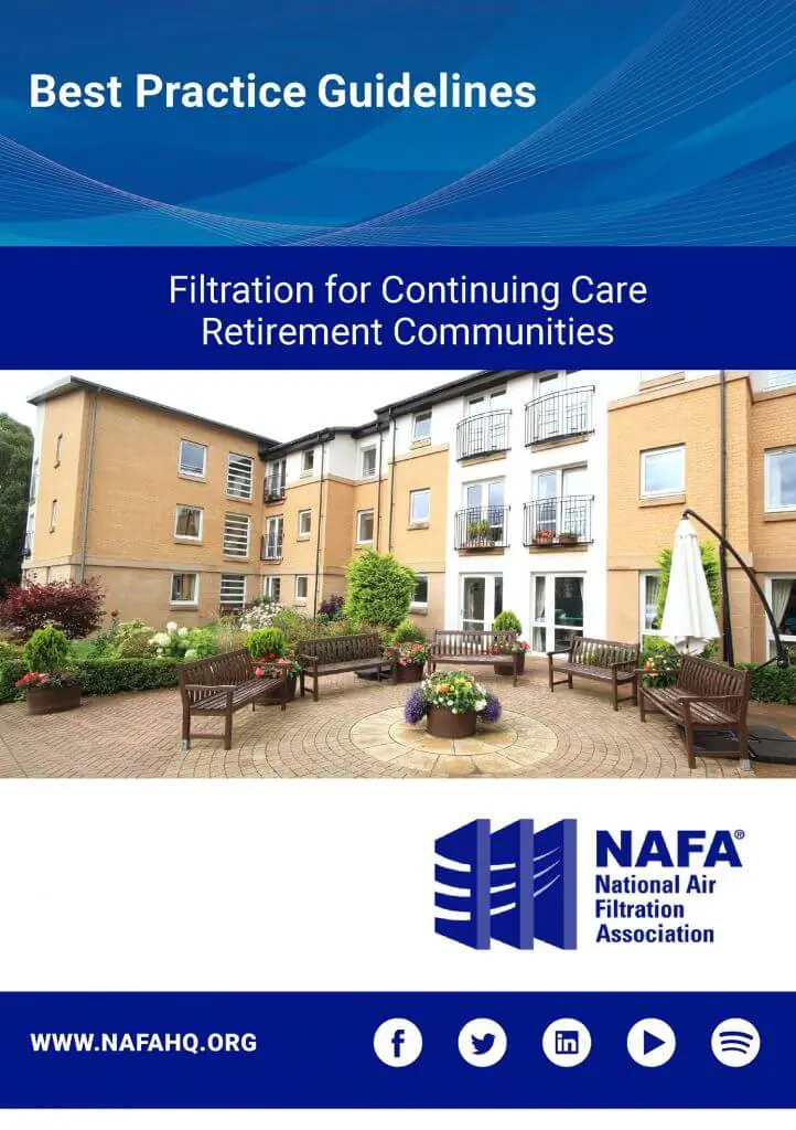 Cover page of a guide titled 'Best Practice Guidelines' for filtration in continuing care retirement communities, featuring an outdoor courtyard with benches, plants, and a building in the background, and a logo for the National Air Filtration Association.