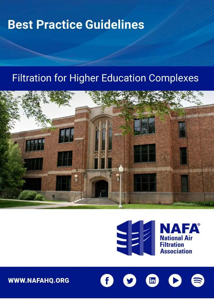 Cover page of a document titled 'Best Practice Guidelines: Filtration for Higher Education Complexes', published by the National Air Filtration Association (NAFA), featuring a brick university building with greenery in the foreground.