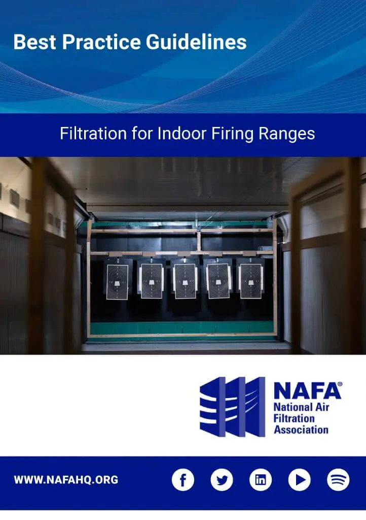 Cover page for a guide titled 'Best Practice Guidelines: Filtration for Indoor Firing Ranges' by the National Air Filtration Association, featuring an image of indoor firing range target panels and the NAFA logo.