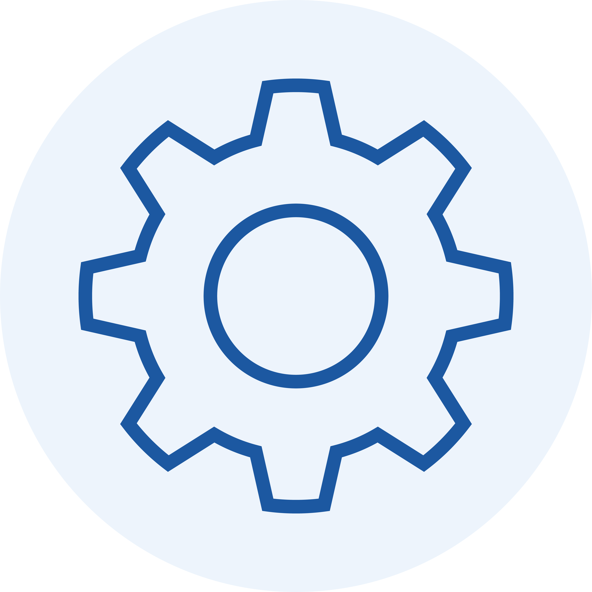 A logo featuring a blue gear shape on a light gray circular background.