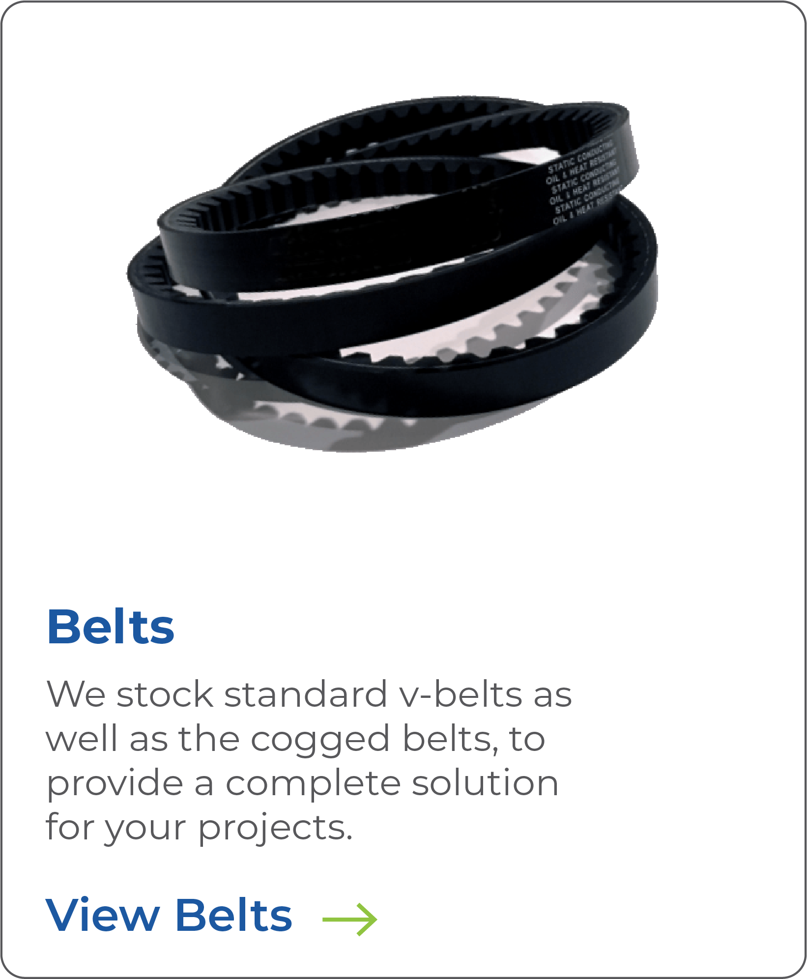 Close-up image of two black V-belts with ridged surfaces, stacked slightly apart, with a portion of descriptive text visible beneath, indicating stock in standard V-belts for projects.