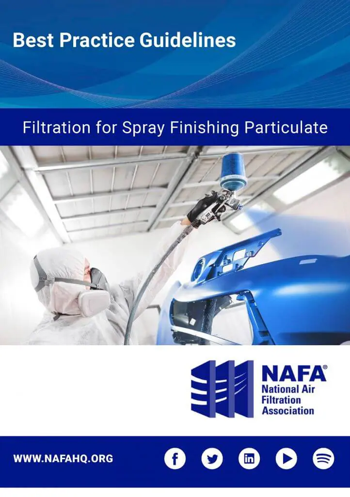 Cover of a guide titled 'Best Practice Guidelines: Filtration for Spray Finishing Particulate' by NAFA, with an image of a person in protective gear spray painting a vehicle in a workshop.