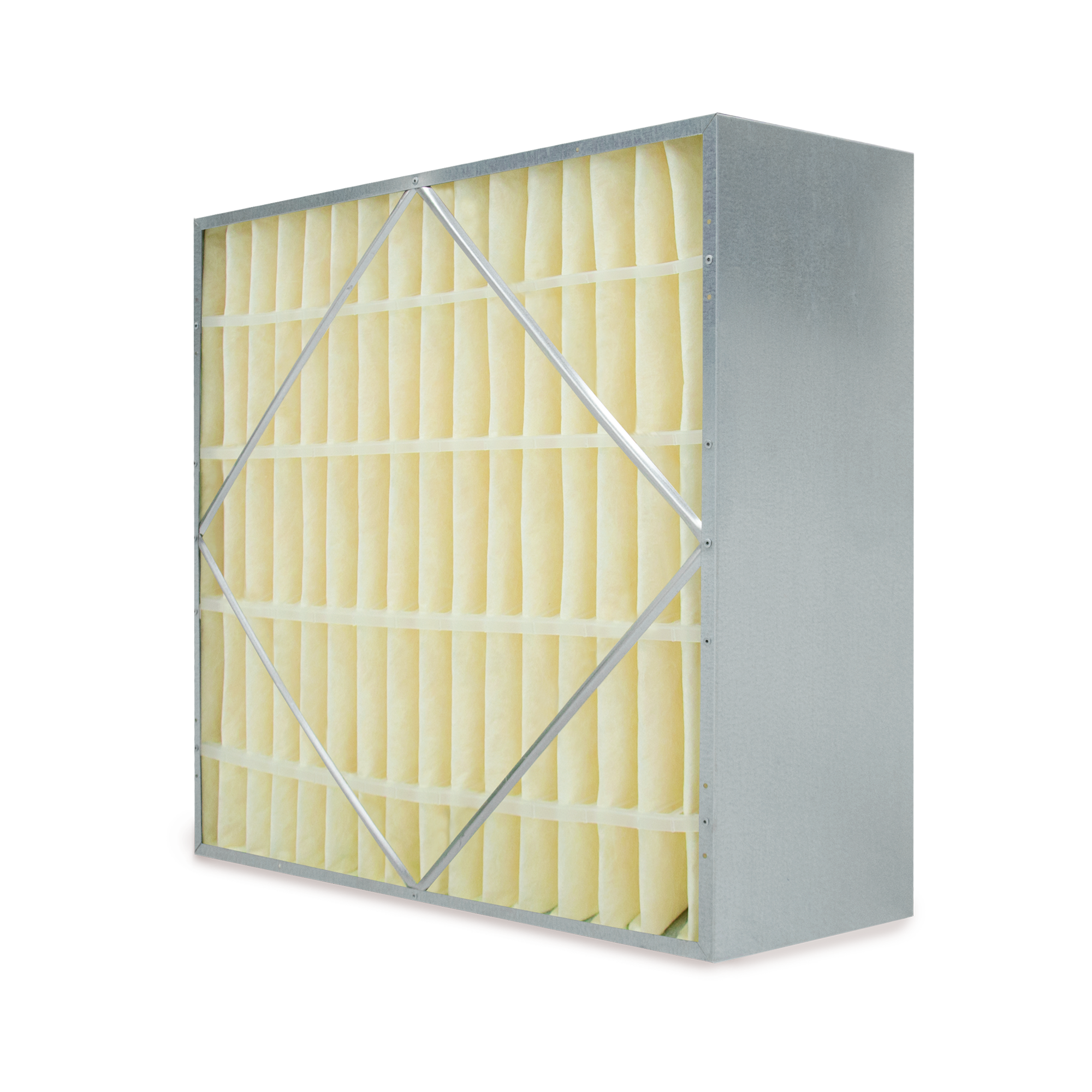 A large air filter with a metal frame and pleated yellow filter material.