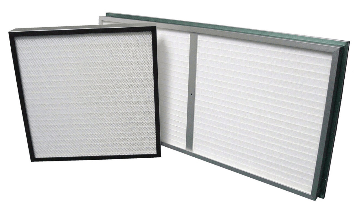 Two air filters, one with a black border and the other with a silver border, standing upright on a white background.