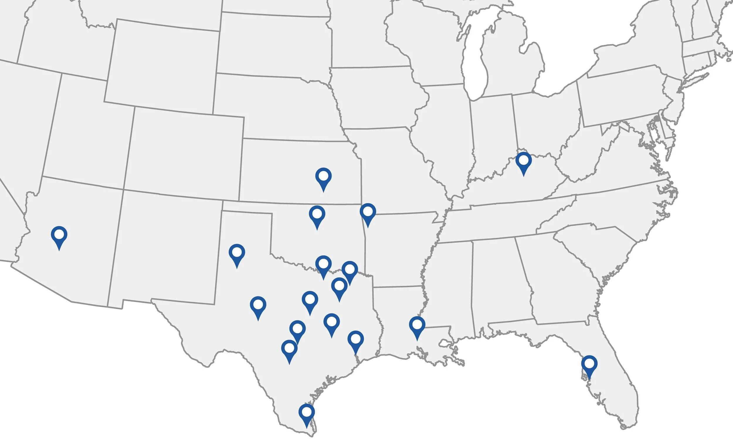 Map of the United States showing numerous blue location pins across the country
